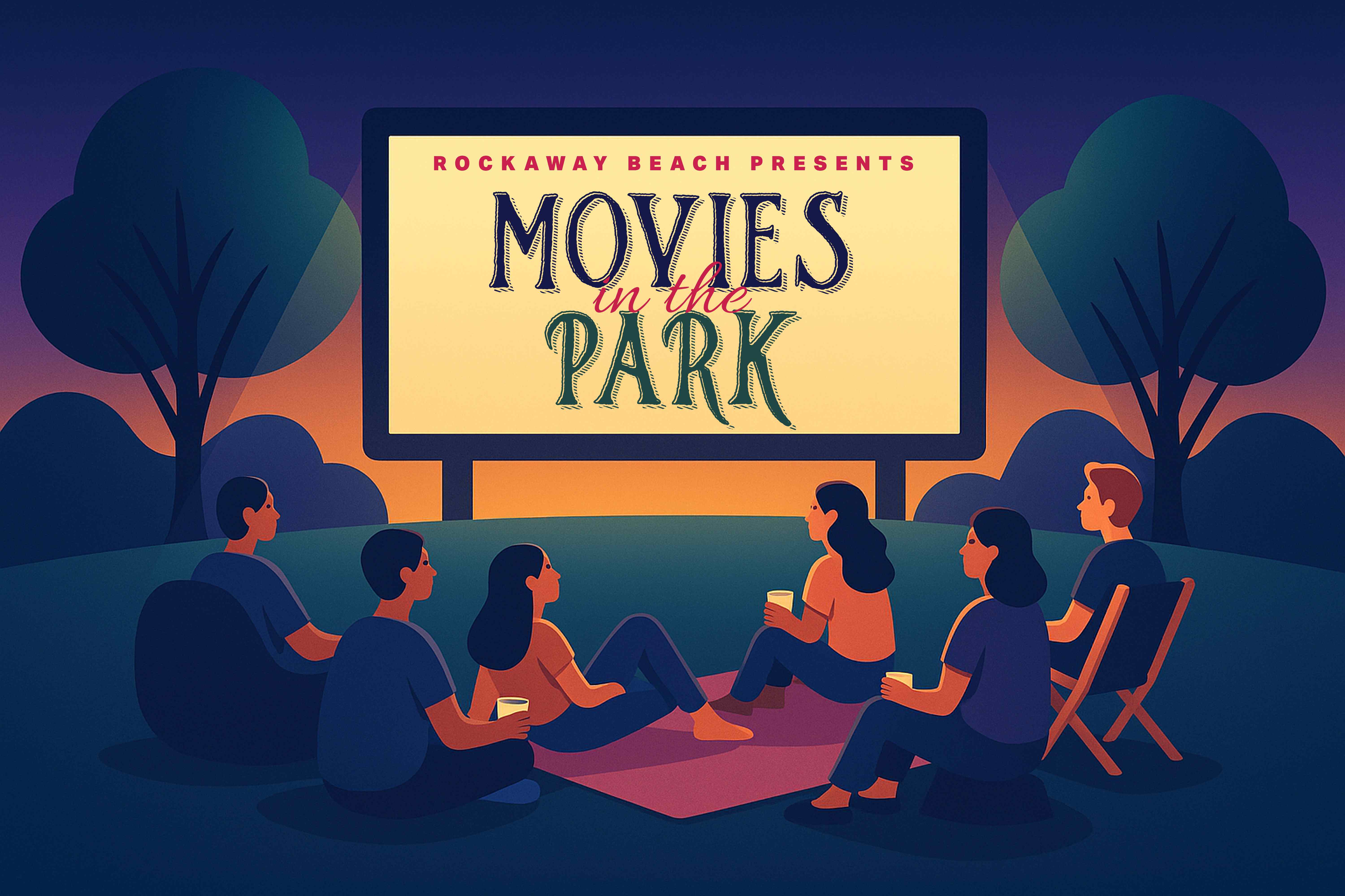 Movies in the Park outdoor cinema scene with families enjoying movies under the stars